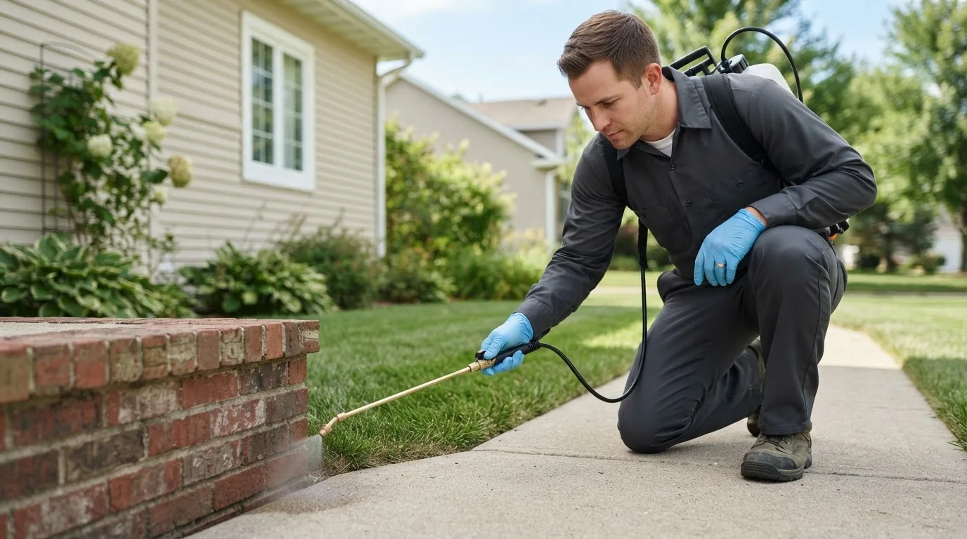 Pest control technician treating a home near Upham, ND