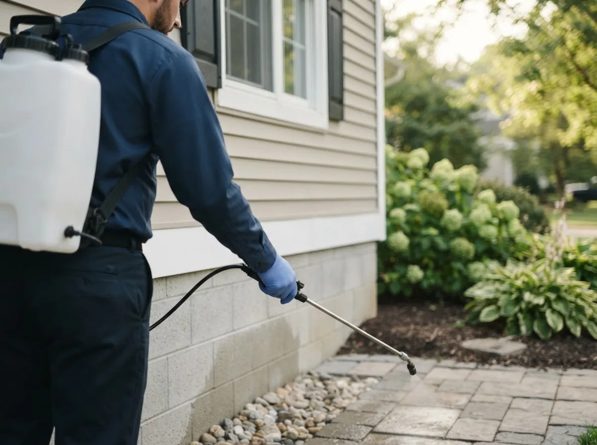 Pest control technician inspecting a home in Upham, ND